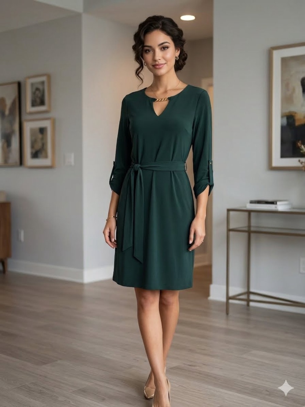 Michael Kors Deep Green Belted Midi Dress